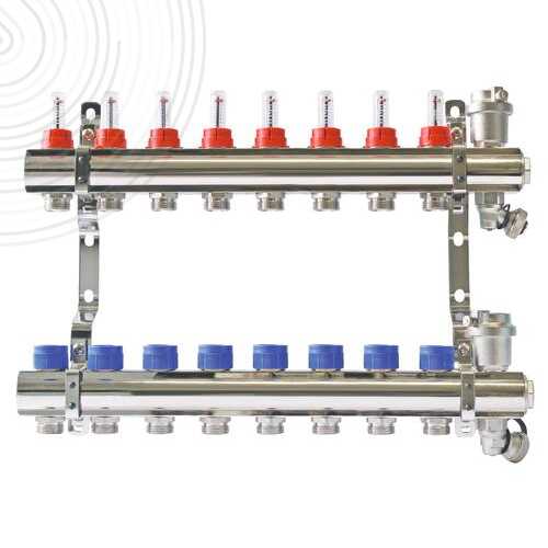 Ensemble complet de 2 collecteurs chromés pour Plancher Chauffant - 8 départs
