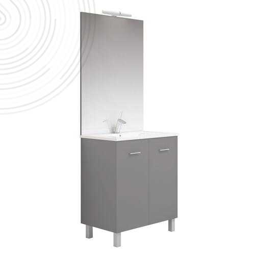 Meuble à poser NEW YORK avec miroir affleurant - Larg 70cm - Gris mat - 2 portes