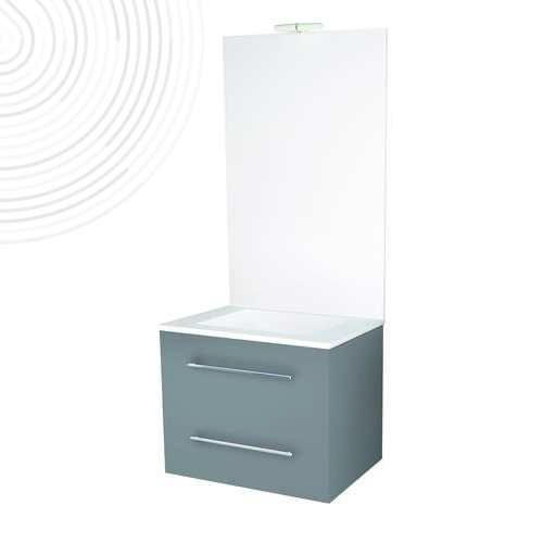 Meuble suspendu NEW YORK avec miroir affleurant - 70cm - Gris mat - 2 tiroirs