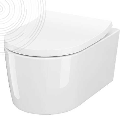 Cuvette suspendue design carénée sans bride, avec abattant fin